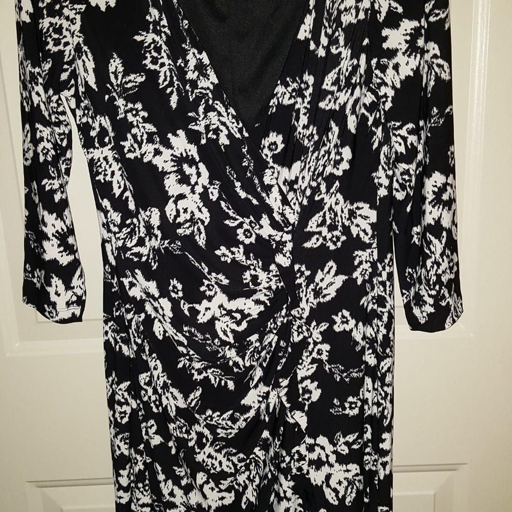 CHAPS Polyester Faux Wrap Dress Black/Off White-Lg